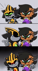 Size: 1098x2048 | Tagged: safe, artist:kittytale, nicole the hololynx, shard the metal, lynx, 2026, arm around shoulders, arms folded, comic, duo, female, frown, gradient background, grey background, hand on another's shoulder, laughing, looking at viewer, male, meme, nicole x shard, not amused, pointing, robot, shipping, simple background, straight, tears