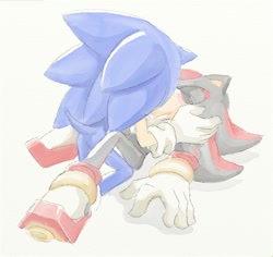 Size: 640x604 | Tagged: safe, artist:irregular2012, shadow the hedgehog, sonic the hedgehog, 2012, duo, eyes closed, gay, holding each other, kiss, shadow x sonic, shipping, simple background, white background