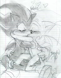 Size: 425x544 | Tagged: safe, artist:jayfoxfire, shadow the hedgehog, sonic the hedgehog, 2003, blushing, duo, english text, eyes closed, gay, heart, hugging, kiss, kneeling, line art, monochrome, shadow x sonic, shipping, sketch, text, traditional media