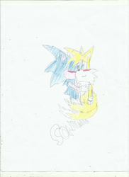 Size: 900x1238 | Tagged: safe, artist:fossil-fighter, miles "tails" prower, sonic the hedgehog, 2012, blushing, duo, english text, gay, kiss, kiss on cheek, ship name, shipping, simple background, smile, sonic x tails, text, traditional media, white background
