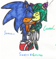 Size: 505x535 | Tagged: safe, artist:chrissiegirl, cosmo the seedrian, sonic the hedgehog, 2006, age difference, character name, cosmo x sonic, duo, english text, eyes closed, holding them, markerwork, shipping, simple background, smile, standing, straight, text, traditional media, white background
