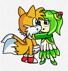 Size: 500x528 | Tagged: safe, artist:chrissiegirl, cosmo the seedrian, miles "tails" prower, 2006, :o, duo, holding them, looking at each other, mouth open, shipping, simple background, standing, straight, tailsmo, white background