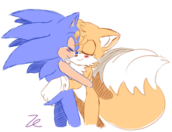 Size: 1956x1506 | Tagged: safe, artist:zoéisdepressed, miles "tails" prower, sonic the hedgehog, 2026, aged up, blushing, blushing ears, cute, duo, eyes closed, gay, hugging, shipping, signature, simple background, smile, sonabetes, sonic x tails, tailabetes, white background
