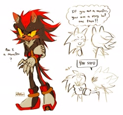 Size: 2048x1918 | Tagged: safe, artist:heisa030, shadow the hedgehog, sonic the hedgehog, 2026, angry, beanbrows, claws, cute, duo, ear fluff, english text, flirting, frown, grey background, hand on arm, sad, shadowbetes, shipping denied, signature, simple background, solo focus, speech bubble, standing, strangling, text, yellow background, yellow sclera