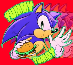 Size: 938x831 | Tagged: safe, artist:td__1992, sonic the hedgehog, 2026, burger, crumbs, echo background, english text, food, holding something, looking at viewer, outline, red background, simple background, solo, sucking, sucking thumb, text
