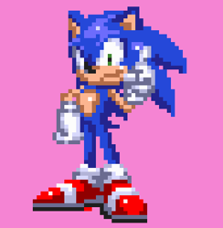 Size: 565x580 | Tagged: safe, artist:isaachouse2, sonic the hedgehog, 2026, hand on hip, looking at viewer, pink background, pixel art, pointing, simple background, smile, smiling at viewer, solo, sprite, standing, wagging finger