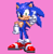 Size: 565x580 | Tagged: safe, artist:isaachouse2, sonic the hedgehog, 2026, hand on hip, looking at viewer, pink background, pixel art, pointing, simple background, smile, smiling at viewer, solo, sprite, standing, wagging finger