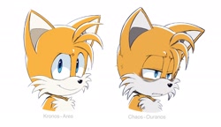 Size: 2048x1182 | Tagged: safe, artist:thatbirdguy_, miles "tails" prower, fox, sonic frontiers, 2026, alternate universe, au:tails frontiers, bust, dark bags under eyes, duality, frown, lidded eyes, looking at viewer, looking offscreen, male, messy fur, simple background, smile, smiling at viewer, solo, text, tired, white background
