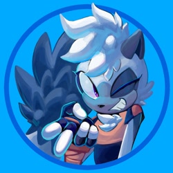 Size: 1130x1130 | Tagged: safe, artist:emilex56, tangle the lemur, lemur, 2026, blue background, female, grin, icon, lineless, looking at viewer, reaching towards the viewer, simple background, smile, solo, v sign, wink