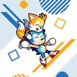 Size: 1280x1280 | Tagged: safe, artist:fadastudio25, miles "tails" prower, sonic the hedgehog, fox, hedgehog, 2026, abstract background, arms folded, cute, duo, eyes closed, happy, hugging, hugging from behind, male, national siblings day, pixel art, sitting, smile, sonabetes, tailabetes