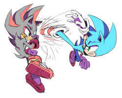 Size: 1024x826 | Tagged: safe, artist:shira hedgie, shadow the hedgehog, sonic the hedgehog, 2015, duo, fight, frown, kicking, looking at each other, mid-air, simple background, smile, treads, white background