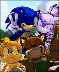 Size: 756x916 | Tagged: safe, artist:knockabiller, blaze the cat, marine the raccoon, miles "tails" prower, sonic the hedgehog, cat, fox, hedgehog, raccoon, sonic rush adventure, 2013, abstract background, arm around shoulders, blushing, daytime, eyes closed, female, frown, group, leaning on them, looking at them, looking at viewer, male, outdoors, selfie, shrunken pupils, smile, smoke, standing, thumbs up, v sign, volcano, wink
