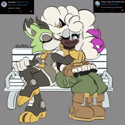 Size: 2048x2048 | Tagged: safe, artist:yesioarts, clove the pronghorn, lanolin the sheep, bench, blushing, clove x lanolin, duo, kiss, kiss on cheek, lesbian, shipping, simple background