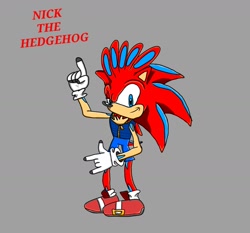 Size: 1158x1080 | Tagged: safe, oc, oc:nick the hedgehog, hedgehog, character name, clothing, grey background, oc only, shorts, simple background, slightly traced, solo, style emulation, very cool, vest