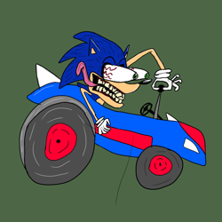 Size: 1080x1080 | Tagged: safe, sonic the hedgehog, car, demented, deranged, eyes popping out of head, gross, laughing, rat fink, rat fink meme, simple background, smiling, solo, this man will commit vehicular manslaughter, tongue out