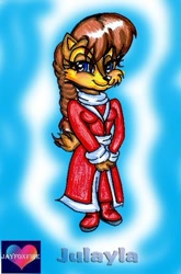 Size: 387x585 | Tagged: safe, artist:jayfoxfire, chipmunk, 2005, english text, female, gradient background, hands together, julayla chipmunk, lidded eyes, looking at viewer, smile, solo, standing, text