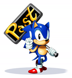 Size: 1874x2012 | Tagged: safe, artist:ss2sonic, sonic the hedgehog, sonic cd, 2011, classic sonic, holding something, male, pointing, shadow (lighting), sign, simple background, smile, solo, standing, time warp plate, wagging finger, white background