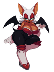 Size: 1660x2219 | Tagged: suggestive, artist:ss2sonic, rouge the bat, 2023, breasts, busty rouge, cleavage, female, lidded eyes, simple background, smile, solo, standing, standing on one leg, thick thighs, white background