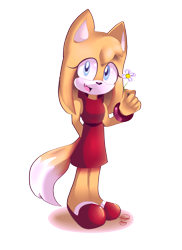Size: 800x1097 | Tagged: safe, artist:chinion-tam, zooey the fox, fox, 2017, daisy (flower), female, flower, hand behind back, holding something, looking at viewer, mouth open, one fang, shadow (lighting), signature, simple background, smile, solo, transparent background