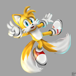 Size: 1024x1020 | Tagged: safe, artist:chinion-tam, miles "tails" prower, fox, 2017, grey background, lineless, looking at viewer, male, mid-air, mouth open, simple background, smile, solo, v sign