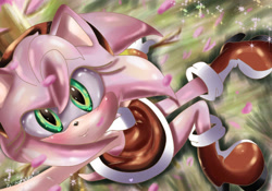 Size: 1024x718 | Tagged: safe, artist:sonamy94fan, amy rose, hedgehog, 2013, amybetes, blushing, cute, female, from above, grass, lineless, looking at viewer, looking up, looking up at viewer, outdoors, petals, sitting, smile, solo, sparkles