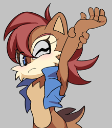 Size: 876x1000 | Tagged: safe, artist:cosmicangelart, sally acorn, chipmunk, 2026, eye clipping through hair, female, frown, gilet, grey background, looking at viewer, one eye closed, simple background, solo, stretching