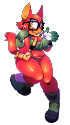 Size: 540x960 | Tagged: suggestive, artist:miistniight, gadget the wolf, 2018, belly button, busty gadget, chubby, cleavage, crop top, cute, female, gadgebetes, gender swap, looking at viewer, midriff, one fang, short shorts, shorts, simple background, smile, solo, transparent background