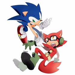 Size: 4096x4096 | Tagged: safe, artist:perocan0903, gadget the wolf, sonic the hedgehog, hedgehog, wolf, sonic forces, 2017, clenched teeth, duo, holding arm, holding them, looking at them, looking at viewer, male, mid-air, mouth open, sharp teeth, signature, simple background, smile, sweatdrop, treads, white background, wink