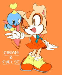 Size: 604x733 | Tagged: safe, artist:pokunchan, cheese (chao), cream the rabbit, arms out, duo, holding them, looking at them, mouth open, open smile, orange background, simple background, smile, smiling at them, wink, winking at them