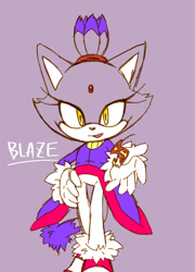 Size: 542x751 | Tagged: safe, artist:pokunchan, blaze the cat, character name, flame, front view, hand on hip, looking at viewer, mouth open, open smile, reaching towards the viewer, simple background, smile, smiling at viewer, solo