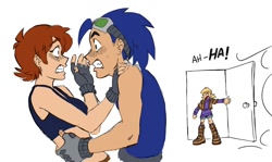 Size: 1256x751 | Tagged: safe, artist:jessiemorg29303, sally acorn, sonic the hedgehog, tania the hedgehog, human, 2026, caught, clothes, door, english text, female, humanized, male, opening door, sally x sonic, shipping, simple background, straight, trio, white background