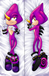Size: 1065x1634 | Tagged: safe, artist:hotshelter, espio the chameleon, 2024, dakimakura, looking at viewer, lying down, male, smile, solo, treads