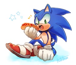 Size: 1104x954 | Tagged: safe, artist:tk s623, sonic the hedgehog, 2017, chili dog, food, gradient background, hand on ground, looking at viewer, male, mouth open, signature, sitting, solo, star (symbol), surprised, treads