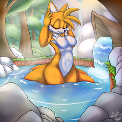 Size: 3290x3290 | Tagged: suggestive, artist:vellvetfoxie, miles "tails" prower, fanfic:a different sky, 2020, abstract background, absurd res, aged up, belly button, breasts, daytime, eyes closed, fanfiction art, featureless breasts, featureless crotch, female, gender swap, hot springs, log, outdoors, partially submerged, rock, signature, smile, solo, standing, steam, tree, washing, water, wet