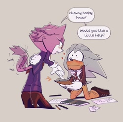 Size: 1642x1634 | Tagged: safe, artist:galaxylover06, blaze the cat, silver the hedgehog, alternate outfit, flirting, heels, shipping, silvaze, suit