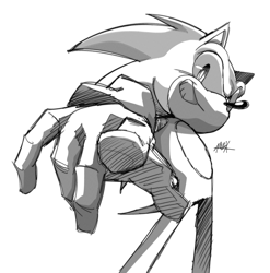 Size: 2027x2048 | Tagged: safe, artist:soangxdraws, sonic the hedgehog, 2026, looking at viewer, monochrome, pointing, pointing at viewer, signature, simple background, smile, solo, standing, white background