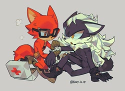 Size: 2023x1476 | Tagged: safe, artist:lazy_kun__, gadget the wolf, infinite the jackal, 2026, bandage, cross popping vein, cute, duo, first aid kit, frown, gadgebetes, gay, grey background, infinibetes, injured, mouth open, rookinite, shipping, signature, simple background, sitting