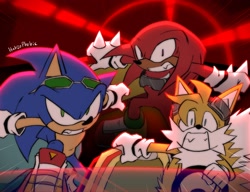 Size: 2048x1571 | Tagged: safe, artist:hakzophobic, knuckles the echidna, miles "tails" prower, sonic the hedgehog, sonic riders: zero gravity, 2026, clenched teeth, driving, extreme gear, glasses, goggles, holding something, looking at viewer, redraw, signature, steering wheel, team sonic, trio, vehicle