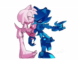 Size: 2048x1577 | Tagged: safe, artist:mauhawkman, amy rose, metal sonic, 2026, blue sclera, duo, eyes closed, holding arm, holding them, kiss, kiss on head, metamy, monochrome, robot, shipping, simple background, standing, straight, white background