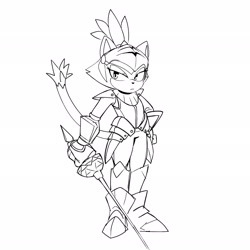 Size: 2048x2048 | Tagged: safe, artist:divadula_k, blaze the cat, sonic and the black knight, 2026, frown, hand on hip, holding something, knight armor, line art, monochrome, simple background, sir percival, solo, sword, weapon, white background