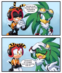 Size: 1757x2048 | Tagged: safe, artist:skywayski, charmy bee, jet the hawk, 2026, border, comic, crying, dialogue, duo, english text, excited, eyes closed, flapping wings, flying, frown, gradient background, hands together, happy, looking at each other, looking at them, mid-air, sad, smile, speech bubble, spongebob squarepants, standing, talking, tears, text