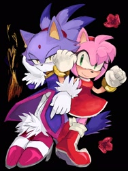 Size: 1536x2048 | Tagged: safe, artist:p1ctur33, amy rose, blaze the cat, 2024, :<, amy x blaze, black background, blaze is not amused, duo, fire, flame, flower, frown, head rest, lesbian, lidded eyes, linking arms, looking at viewer, rose, shipping, simple background, smile, treads, unamused