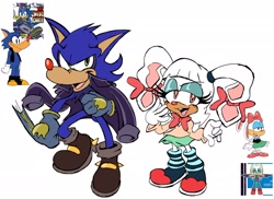 Size: 2048x1493 | Tagged: safe, artist:cosmicseternity, carrotia the rabbit, falke wulf, rabbit, wolf, 2026, buck teeth, duo, flat colors, lidded eyes, looking at viewer, reference inset, simple background, smile, standing, white background