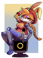 Size: 1502x2048 | Tagged: safe, artist:robotnicsteve, bunnie rabbot, rabbit, 2026, cleavage, hat, lidded eyes, looking at viewer, monitor, ring monitor, sitting, smile, solo