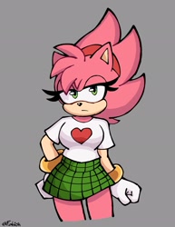 Size: 1580x2047 | Tagged: safe, artist:fabrixd17707631, amy rose, 2026, amy is not amused, clenched fists, fleetway, fleetway amy, frown, grey background, hand on hip, signature, simple background, solo, standing, unamused