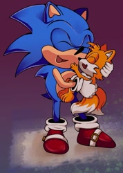 Size: 933x1309 | Tagged: safe, artist:fe4therblessing, miles "tails" prower, sonic the hedgehog, 2026, aged down, baby, barefoot, carrying them, duo, eyes closed, gradient background, mouth open, smile, standing