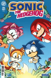 Size: 1332x2048 | Tagged: safe, artist:jens_drawings, amy rose, knuckles the echidna, miles "tails" prower, sonic the hedgehog, 2026, bar code, classic amy, classic knuckles, classic sonic, classic tails, comic, comic cover, flower, gradient background, group, leaf, official artwork, sega logo, sonic the hedgehog: 35th anniversary special, team sonic, vine