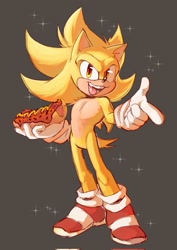 Size: 1449x2048 | Tagged: safe, artist:lebluenooki, artist:marty_jade23, sonic the hedgehog, super sonic, 2026, chili dog, food, grey background, holding something, looking at viewer, mouth open, pointing, redraw, simple background, smile, solo, sparkles, standing, super form