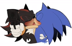 Size: 2048x1306 | Tagged: safe, artist:tenderandmilder, shadow the hedgehog, sonic the hedgehog, 2026, blushing, duo, eyes closed, french kiss, gun, holding each other, holding something, hugging, kiss, pointing gun at viewer, shadow x sonic, shipping, simple background, tongue out, wagging tail, white background