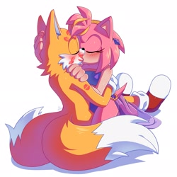 Size: 2048x2048 | Tagged: safe, artist:la_gata_golosa_, amy rose, miles "tails" prower, 2025, alternate outfit, duo, eyes closed, holding each other, kiss, kiss marks, kneeling, shipping, simple background, sitting, straight, tailamy, white background